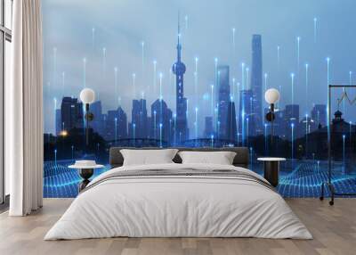 Smart city and abstract dot point connect with gradient line and aesthetic Intricate wave line design big data connection technology concept . Wall mural