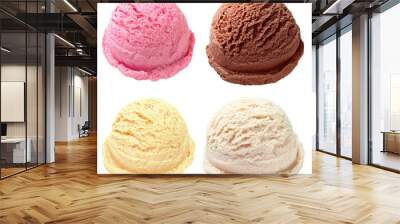 Vanilla, strawberry, chocolate, yellow ice cream scoops from top view isolated on white background Wall mural