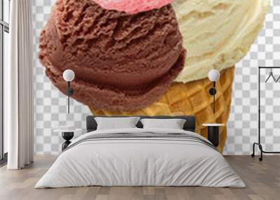 Vanilla, strawberry and chocolate ice cream scoops with cone on isolated background including clipping path Wall mural