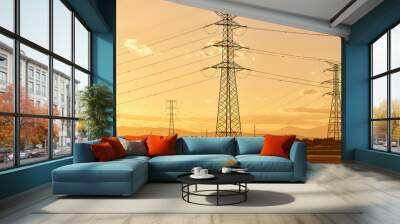 Power lines at sunset. Energy industry. Electricity distribution. Renewable production Wall mural