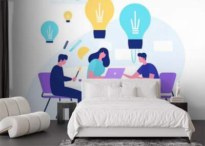 A flat illustration of a scene on a white background with people working together on a project, brainstorming ideas, or discussing strategies style 2 Wall mural