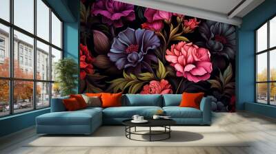 Multicolor flowers and leaves on dark background with floral design wallpaper  Wall mural