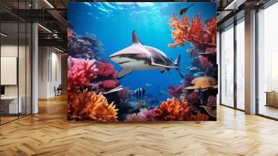 photo of a beautiful shark behind is colorful coral taken  Wall mural