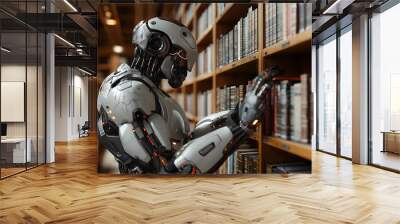 A humanoid robot studies the shelves filled with books in a contemporary library, showcasing the blend of technology and knowledge Wall mural