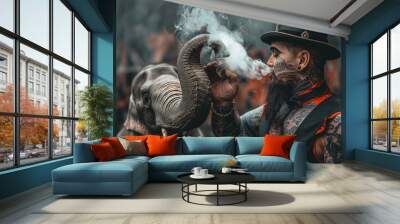 A tattooed man in a top hat enjoys smoking alongside an elephant, creating a unique bond during a lively outdoor celebration filled with colors Wall mural