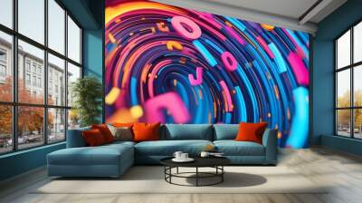 Colorful abstract swirl featuring vibrant numbers and letters representing digital technology and creativity in a modern design Wall mural