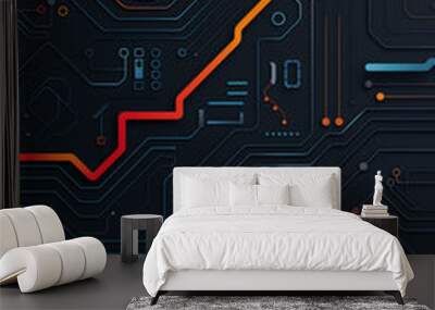 Colorful lines and patterns form an intricate design on a dark circuit board, showcasing modern technology and electronic connections in vivid detail Wall mural