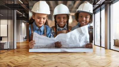 Three young girls wearing hard hats are standing together, closely examining a blueprint Wall mural