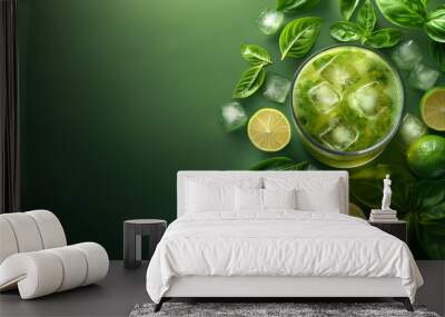 top down view of a fresh cocktail with lemon, basil and ice cubes on green background Wall mural