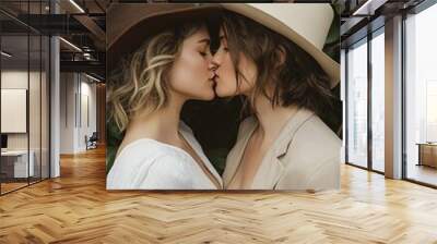 Two women in stylish hats share a tender kiss surrounded by lush green foliage on a serene afternoon Wall mural