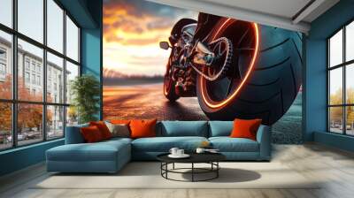 A close-up of a motorcycle tire with glowing rims on a racetrack at sunset. Wall mural