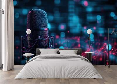 A close-up of a professional microphone with a pop filter in front of a blue and pink bokeh background. Wall mural