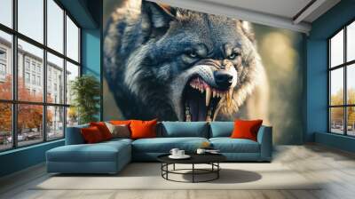 A close-up of a wolf's face with its mouth open and teeth bared. The wolf is looking directly at the camera, and its eyes are intense. The background is blurred, giving the image a sense of depth. Wall mural