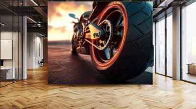 A close-up view of a motorcycle tire with vibrant lighting against a sunset backdrop. Wall mural