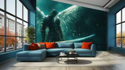 A dark angel with large white wings stands holding a sword, with a teal and black background, and particles of light floating in the air. Wall mural