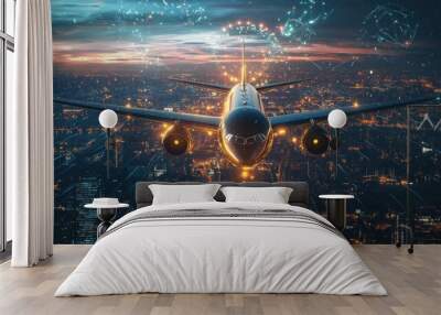 A futuristic airplane flying over a cityscape at night, illuminated by digital effects. Wall mural