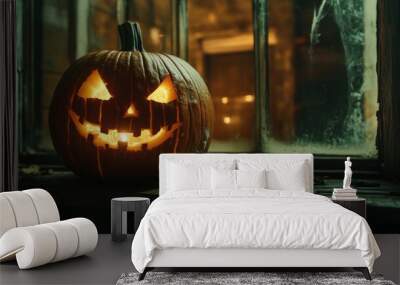 A glowing jack-o'-lantern sits on a wooden windowsill, with a blurred background of a window and leaves. Wall mural