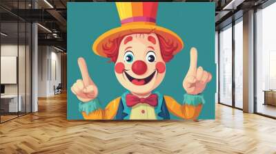 A happy cartoon clown with a red nose and a big smile points with both hands in a playful way. Wall mural