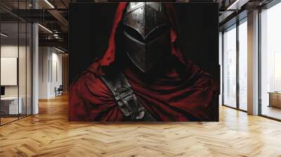 A hooded warrior in full armor with a dark and mysterious expression, shrouded in shadow with a red cloak. Wall mural