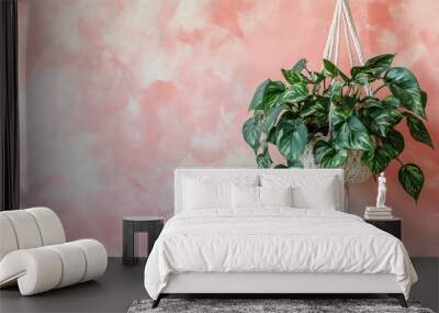 A lush green plant with variegated leaves hangs in a macrame plant hanger against a pink textured wall. Wall mural