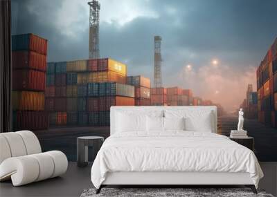 A misty industrial scene with stacked shipping containers and cranes at a port. Wall mural