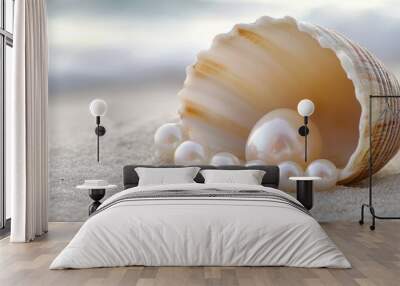 A seashell with pearls resting on sandy beach, evoking a serene coastal atmosphere. Wall mural