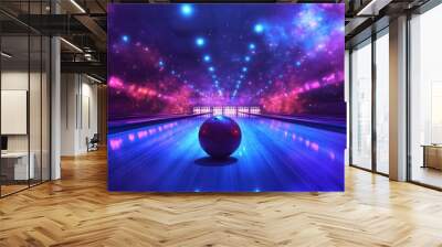 A single bowling ball sits on a lane under a colorful, abstract sky. Wall mural