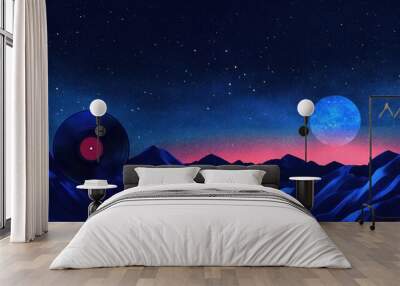 A vinyl record sits on a mountain range under a starry sky with a moon in the background. Wall mural