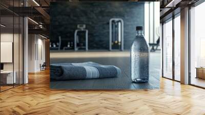 A water bottle and towel on a gym floor, suggesting a workout or fitness session. Wall mural