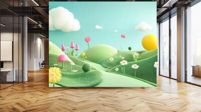 A whimsical 3D illustration of a cartoon landscape with green hills, white clouds, colorful flowers, and a bright blue sky. Wall mural