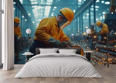 A worker wearing a yellow hard hat and safety glasses grinds metal with a sparks flying. Wall mural