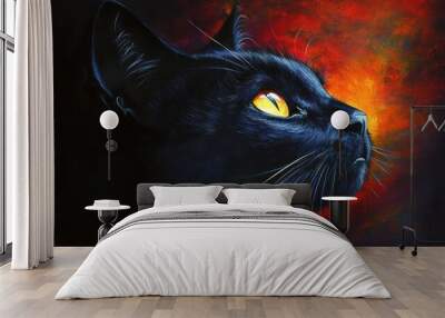 Close-up of a black cat's head with yellow eyes, against a background of warm red and orange hues. Wall mural