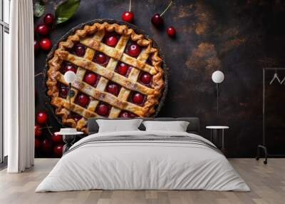 Delicious homemade cherry pie with lattice crust and fresh cherries on rustic background. Wall mural