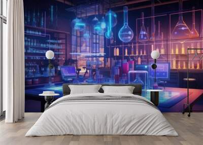 Medical research lab with glowing test tubes and digital charts Wall mural