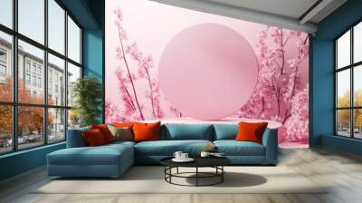 Pink podium with blossom branches, 3d render. Wall mural