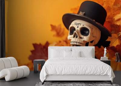 Skeleton in a top hat and bow tie surrounded by autumn leaves with a pumpkin. Wall mural