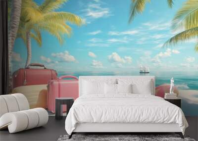 Summer vacation with suitcases and beach balls on a tropical beach. Wall mural