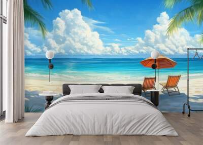 Two beach chairs under a striped umbrella on a white sandy beach with a turquoise ocean and palm trees. Wall mural