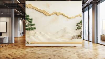 Two Bonsai Trees with Rocks and Gold Accents on a White Wall with White Mountain Landscape. Wall mural