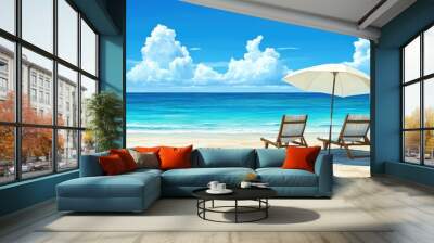 Two lounge chairs on a sandy beach with a white umbrella and blue ocean in the background. Wall mural