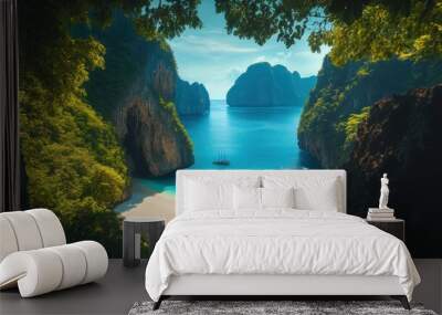 View from the jungle looking down onto a secluded beach, clear turquoise water, and two rocky islands in the distance. Wall mural