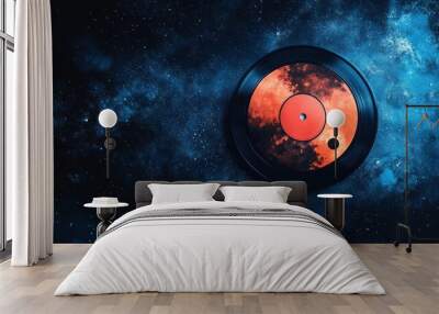 Vinyl record with a celestial design against a blue starry night. Wall mural