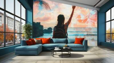 Woman with backpack on a tropical beach with her arm raised, watching sunset. Wall mural