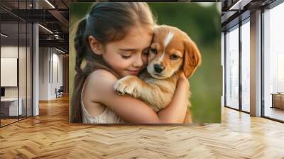 Young girl hugging her puppy dog in a field. Wall mural