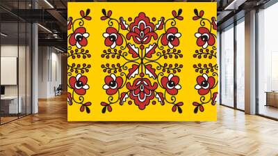 Ukrainian folk floral ornament with red and black flowers on yellow background. Ethnic ornament based on national colors and embroidery tradition. Can be used for decoration and paper print design Wall mural