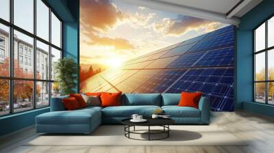 a photo for green energy with solar pannels and wind turbines Wall mural