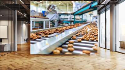 Automatic bakery production line with sweet cookies on conveyor belt equipment machinery in confectionary factory workshop, industrial food production Wall mural