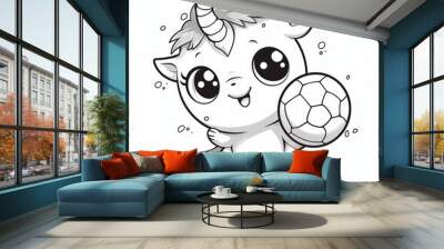 black and white coloring page for kids cartoon style of baby unicorn playing with ball  Wall mural