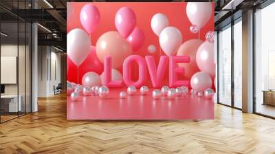 Golden Love lettering and calligraphy with cute heart,ribbon,arrow and golden twinkle star on red,pink and cream background.Valentine's day template  Wall mural