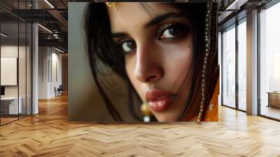 Portrait of beautiful indian girl. Young hindu woman model with golden kundan jewelry set  Wall mural